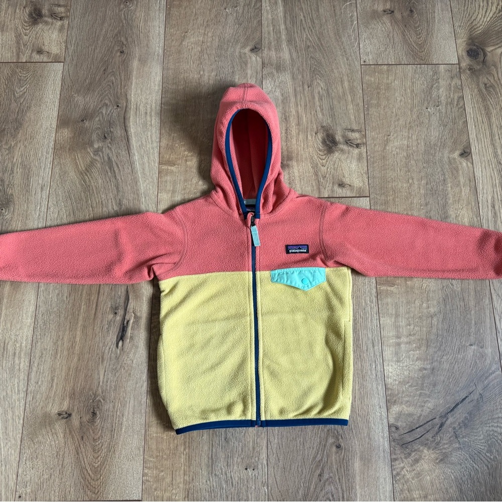 Patagonia Coral and Yellow Hooded Fleece Jacket 3T